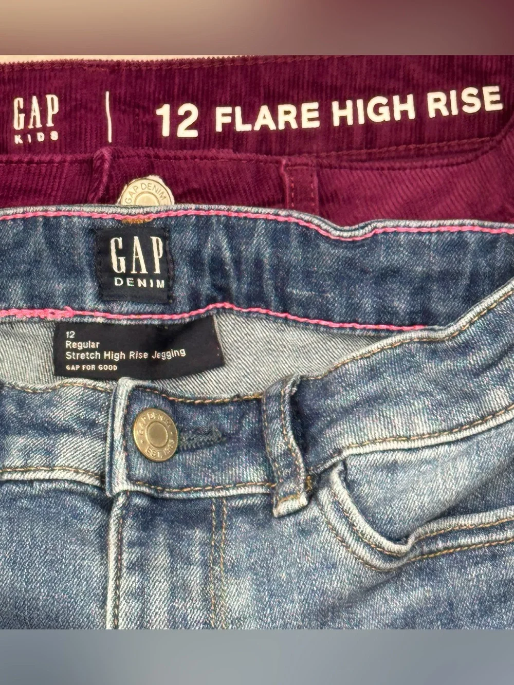 GAP lot of 2 girls pants. Both size 12. Corduroy. High rise. Flare. Glitter.
